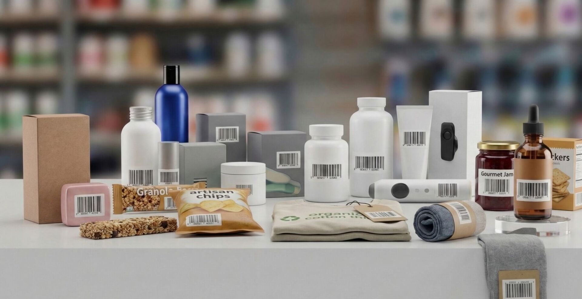 Products with barcodes on a retail shelf